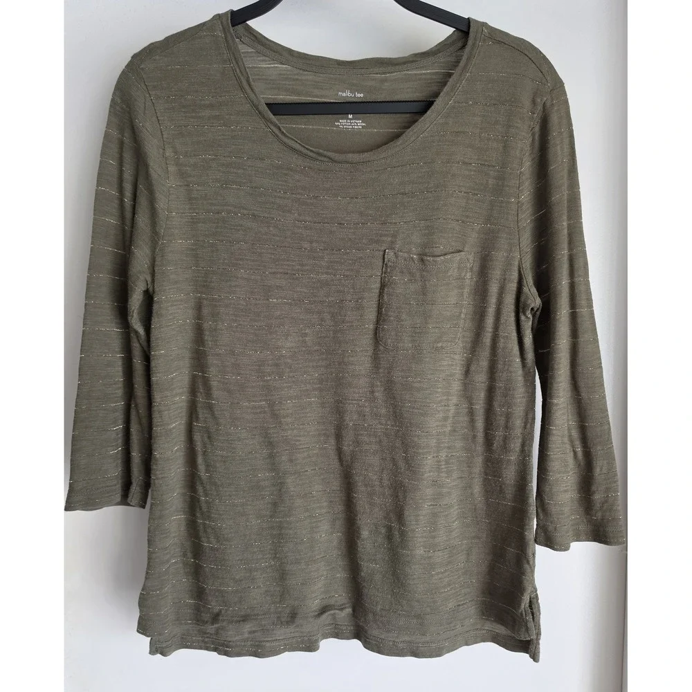 Banana Republic M Striped T-Shirt 3/4 Sleeve Olive Green Casual Top Tee Metallic